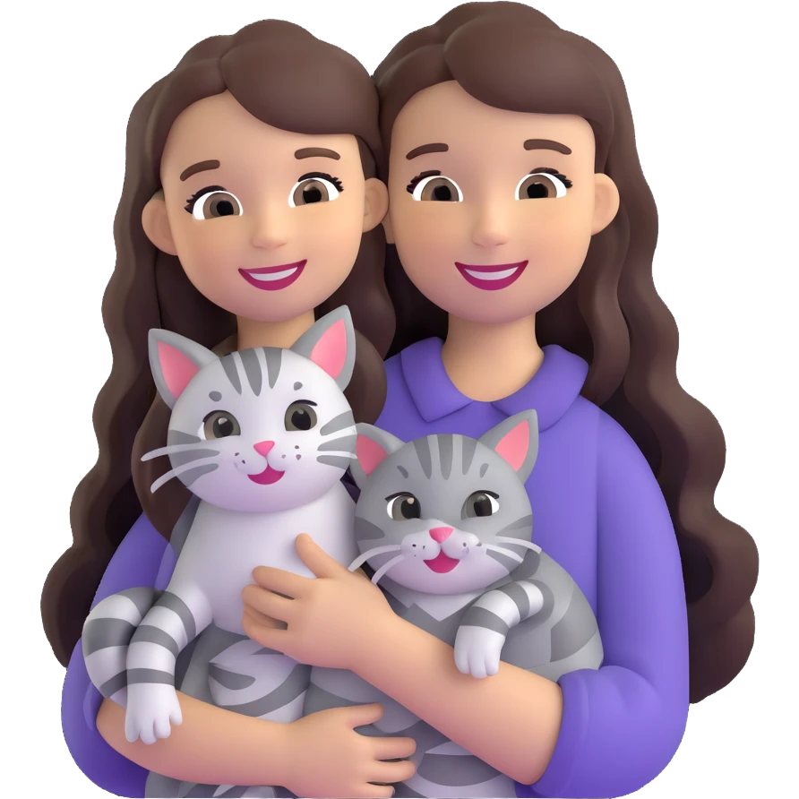 smiling girl with long hair holding a cat with silver stripes emoji