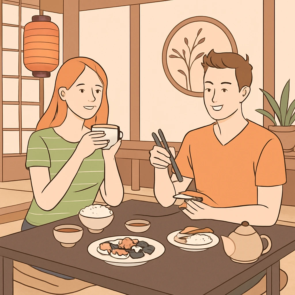 Young couple having a romantic dinner date in a modern Japanese cafe. The woman is holding a teacup while the man is using chopsticks. The cafe features shoji screens, tatami seating area, and traditional Japanese decorative elements. emoji