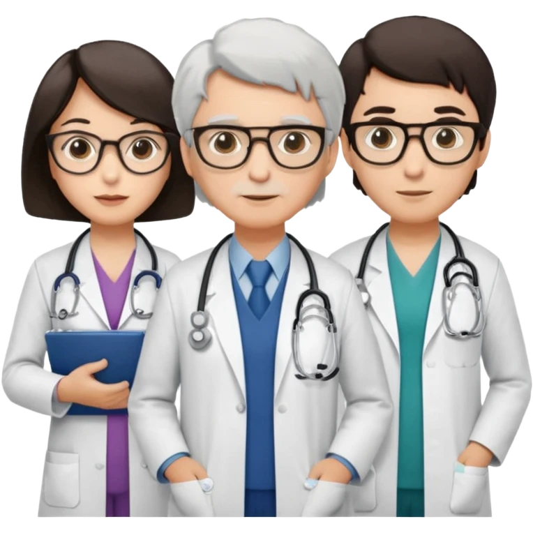 Four doctors standing together:

a female doctor with dark-colored short bob hair,

a young male doctor,

an older male doctor with white hair wearing glasses,

and a female doctor wearing glasses. emoji