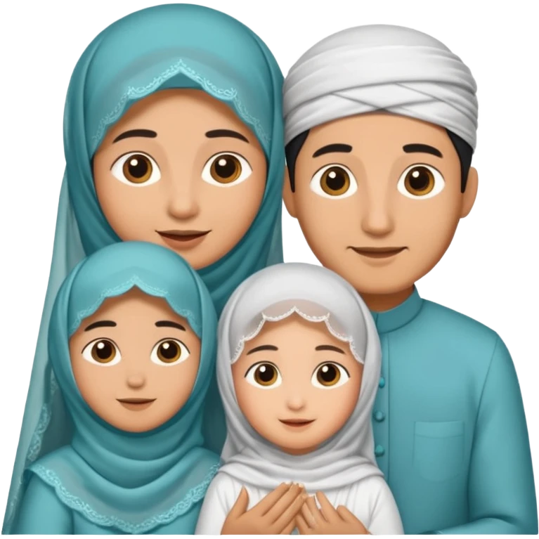 Lebaran. Keluarga terdiri dari Ayah dan ibu, 3 orang anak yang terdiri dari dua anak laki-laki dan seorang anak perempuan yang merupakan anak terkecil. Ibunya menggunakan cadar. emoji