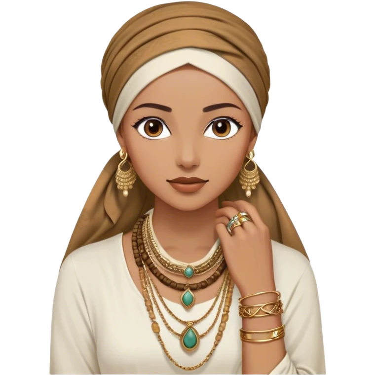 The woman, partially visible, wears a richly textured headscarf in earthy tones, draped gracefully over a white long-sleeve top. Her accessories steal the spotlight—intricately designed gold bangles, statement rings, and layered necklaces—each piece exuding heritage and craftsmanship.  emoji