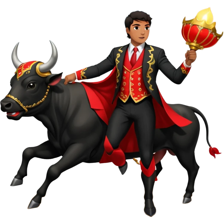 Create a realistic image of a traditional bullfighting scene in a Spanish arena.
Show a bullfighter (matador) HOLDING a red cape (muleta) not wearing one. as a powerful black bull charges toward it. emoji