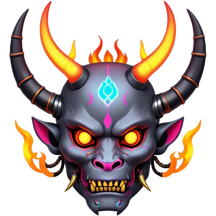 Cyberpunk Oni A futuristic demon with glowing neon tattoos, mechanical horns, and digital flames emoji