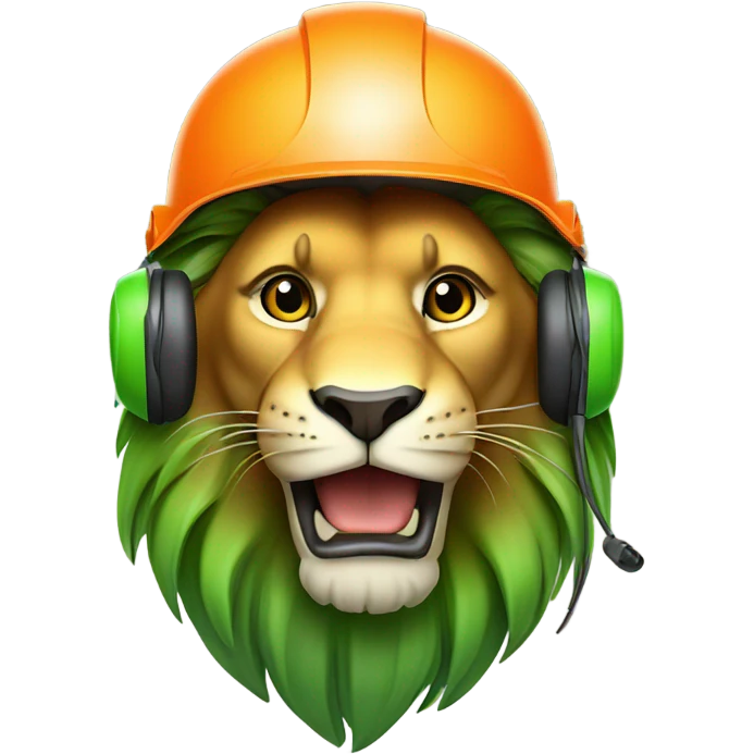 Lion wear safety helmet as call center in green and orange theme emoji