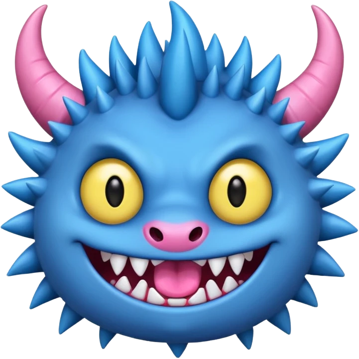 A blue monster with two small black horns, spiky fur, large round yellow eyes, a wide grin showing sharp teeth, and its tongue playfully sticking out to the side. emoji
