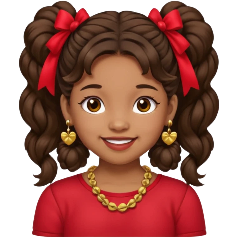 Brownskin girl dark brown hair fluffy. pigtails with red bows brown eyes smiling closed mouth red shirt gold esrrings gold necklace emoji