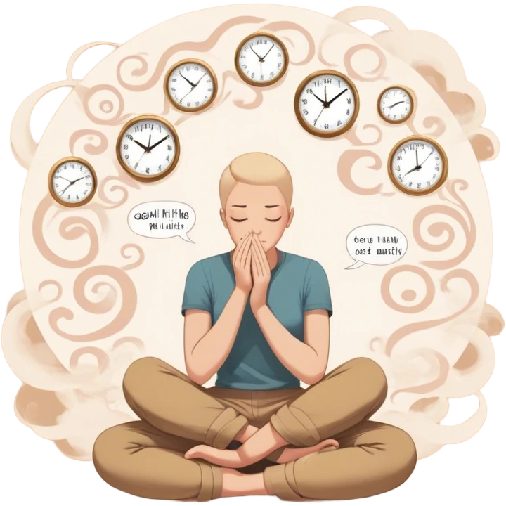 A person sits with their hands gently resting on their lap, eyes closed, exhaling slowly. Above them, a swirling thought bubble holds the words guilt and discomfort, but they don’t push it away—they just sit with it. In the background, a clock ticks softly, symbolizing the pause before responding.  emoji