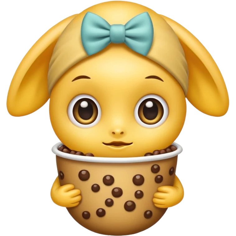 Yellow emoji with big eyes and a bow and holding Boba emoji