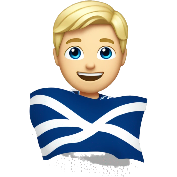 Male with blonde hair and blue eyes waving hand smiling with a Scotland flag 🏴󠁧󠁢󠁳󠁣󠁴󠁿  emoji
