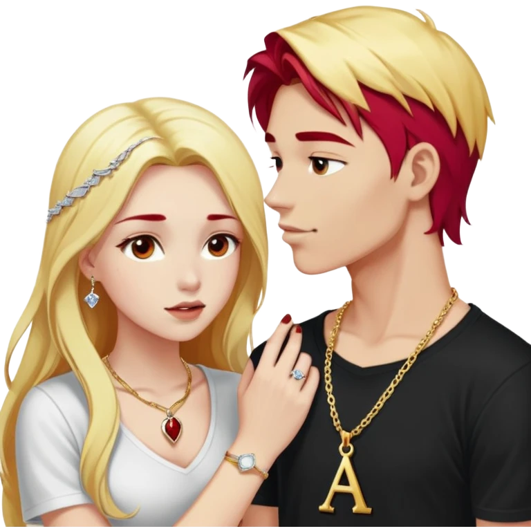 young 20 year old couple kissing, girl with long cherry red hair and blonde eyebrows wearing gold necklace with letter A, diamond gold ring, red bracelet and light clothes, boy with pure snow white hair wearing dark t-shirt and silver ring with black stone emoji