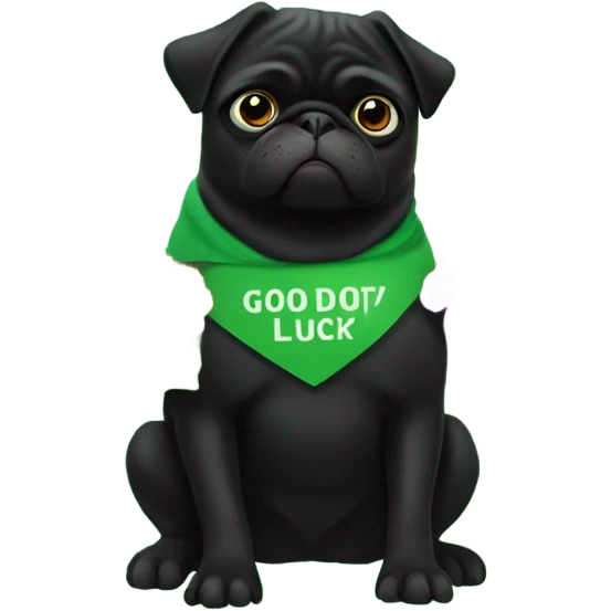 Black pug , surrounded by flowers, holding a green sign that says “good luck”  emoji