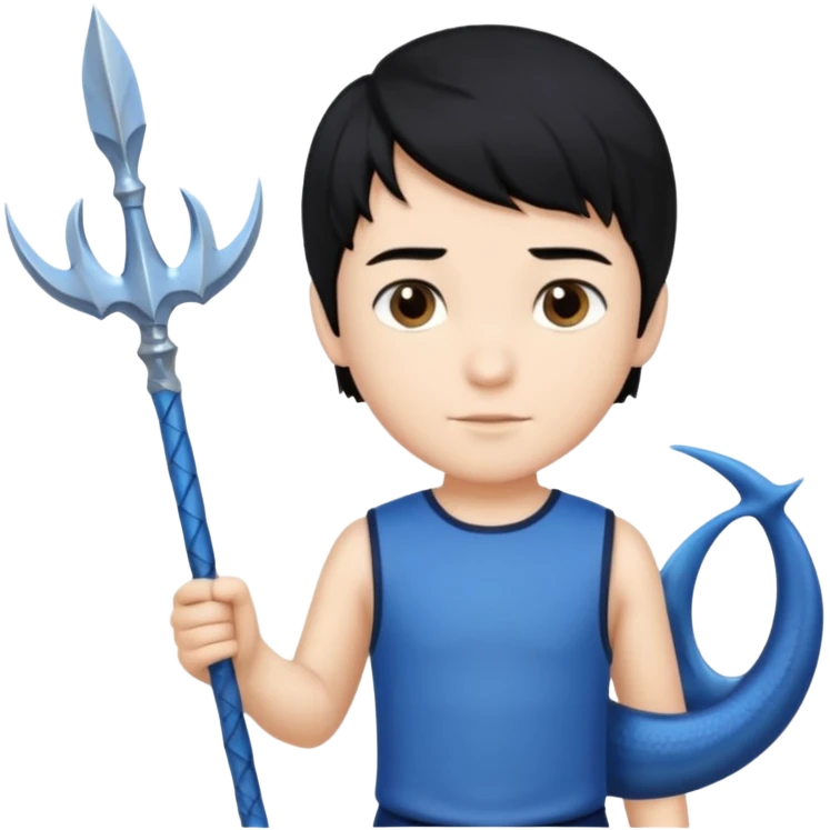 boy, black hair, brown eyes, white skin, Triton, with Triton in hand and blue Triton tail on the side. emoji
