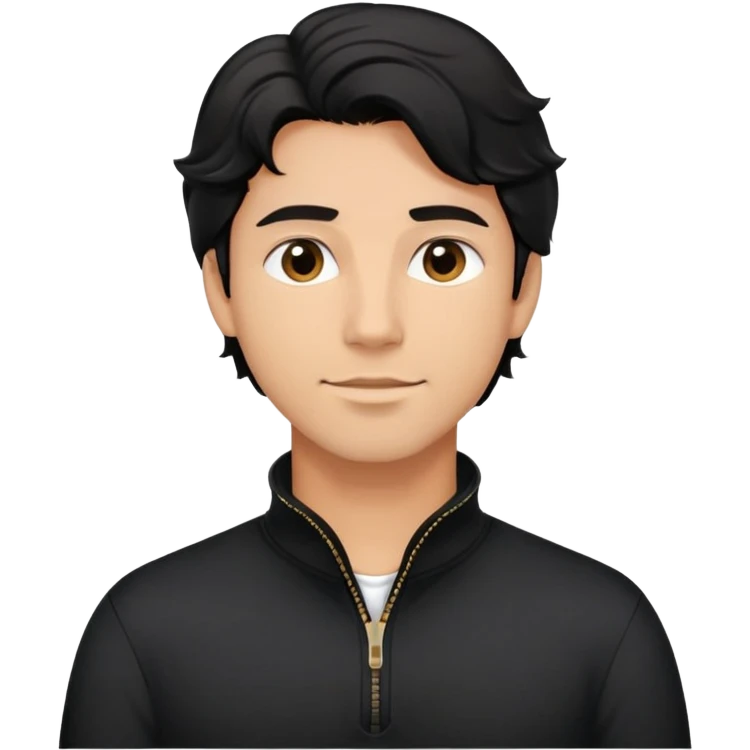 Man with wavy black hair in comfortable black zippered collar shirt, regular fit not tight emoji