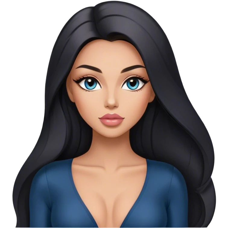 Glamours, tanned, very beautiful girl, with big pump peach-beige-rose lips, long long lashes, black straight smooth silky long hair, straight parting hair, blue-grey eyes in black long-sleeves v-neck bodysuit emoji