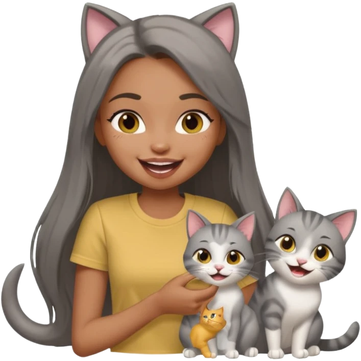 a pretty bratz dusky girl with long straight hair playing with 2 cats nd wearing a grey tshirt and laughing emoji