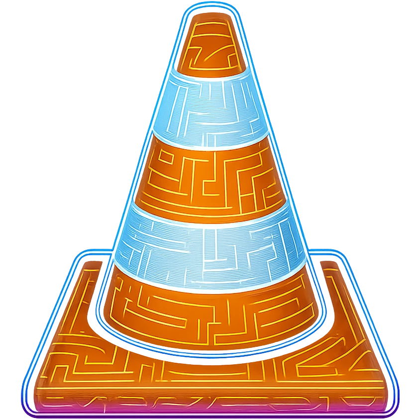 Recreate the VLC cone icon in a cyberpunk style with a strong glowing neon effect. Use vibrant orange and white for the cone, accented by glowing blue and pink neon edges. Overlay intricate circuit patterns throughout the icon. The style should be flat, clean, and futuristic with a luminous, holographic glow like other cyberpunk icons. Avoid 3D shading. Transparent background. emoji
