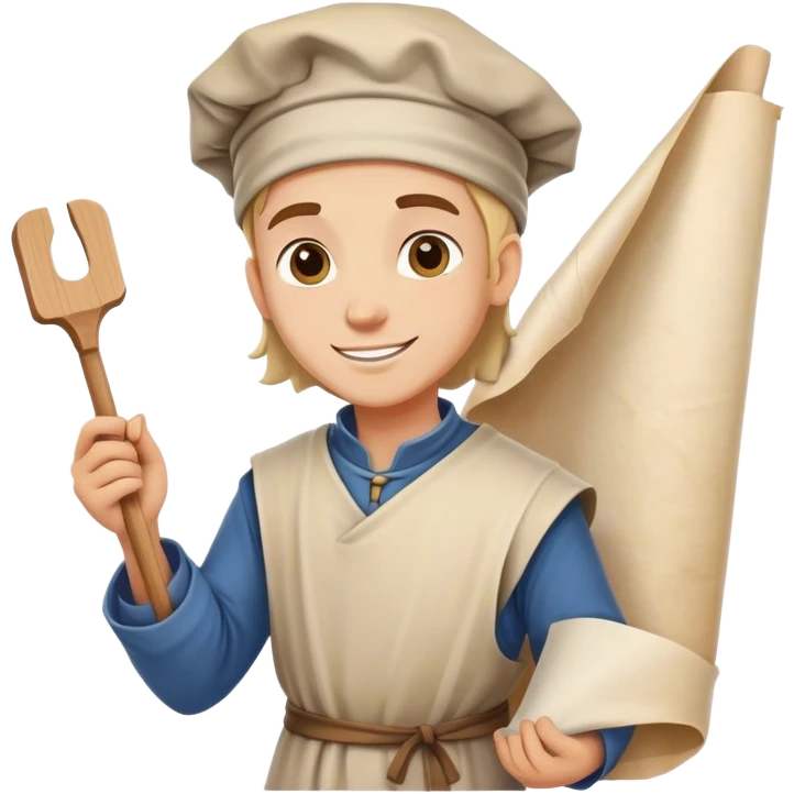 happy apprentice painter with big rolled up parchment, medieval age emoji