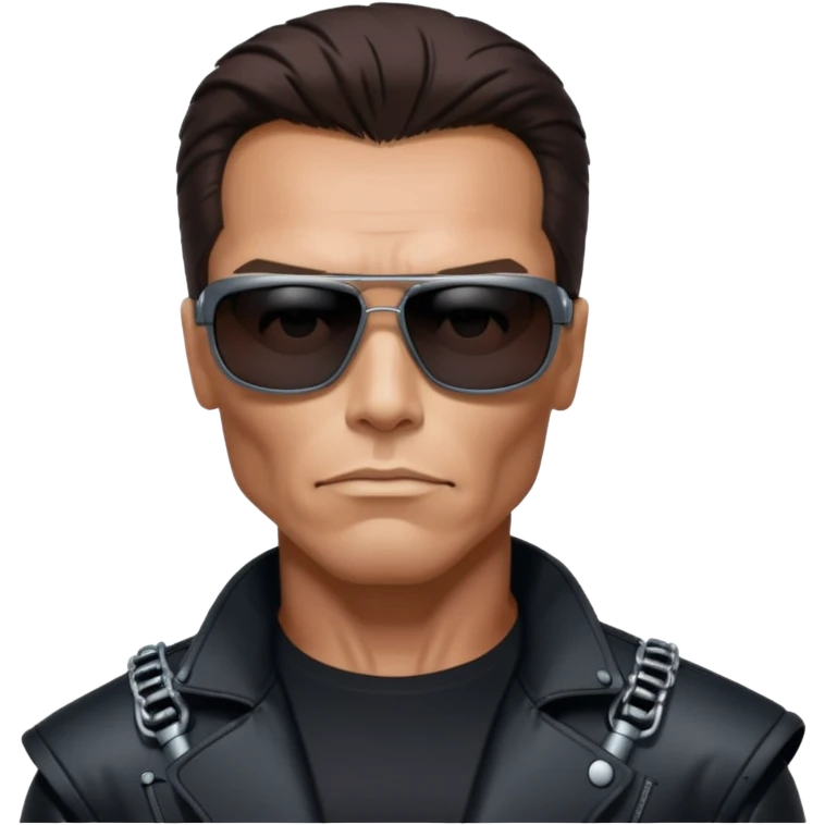 Schwarzenegger-like Terminator, upper body only, wearing his iconic clothes in black (all clothes must be black), looking human but with robotic details, and wearing dark sunglasses, hair must be dark
 emoji