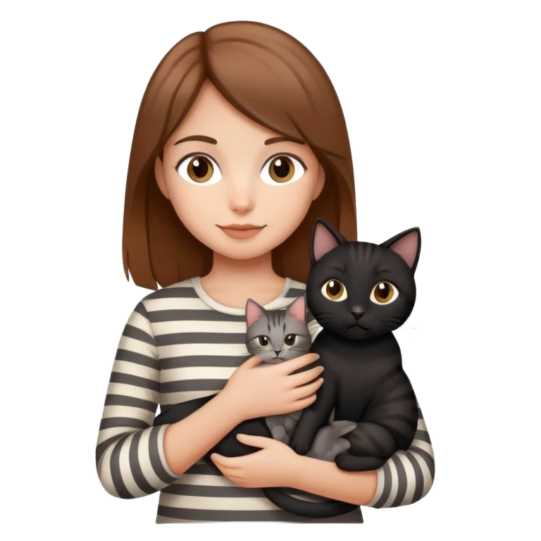 tan brown-haired girl holding two cats, one black cat and one grey-striped cat emoji