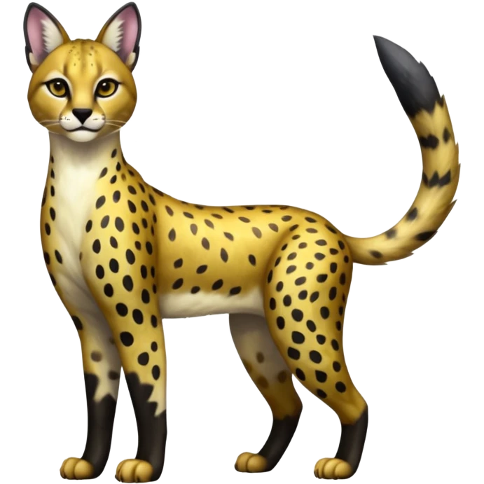 Colorful adorable shiny spectral glittery soft smooth black gloomy dark dull melanistic black-and-gold-glittery wealthy luxurious accessorized elegant beautiful pretty Caracal-Cheetah-Serval-Snow-Leopard-Trico-Sergal-Vernid-fusion-hybrid-animal-creature, full body emoji