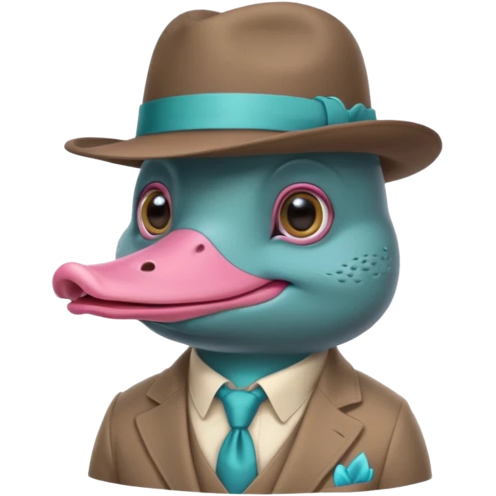 cute light blue turqiouse platypus head, smiling with big eyes with a detective hat and monocle on his eye, no  hands, looks like a platypus but blue, the hat and suit are pink emoji