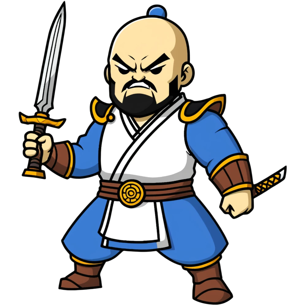 Shan Yu from Mulan, full body, holding a weapon, looking seriously pissed off emoji