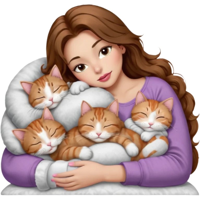 girl with long wavy brown hair, brown eyes, long lashes makeup, sexy pink lips, light to medium complexion,  sleeping on a cozy pillow, with 6 cats: 1 brown and white tabby cat, 1 ginger and white, 2 grey and white, 1 grey has white mittens and small white patch on its chest and 1 calico, sleeping emoji