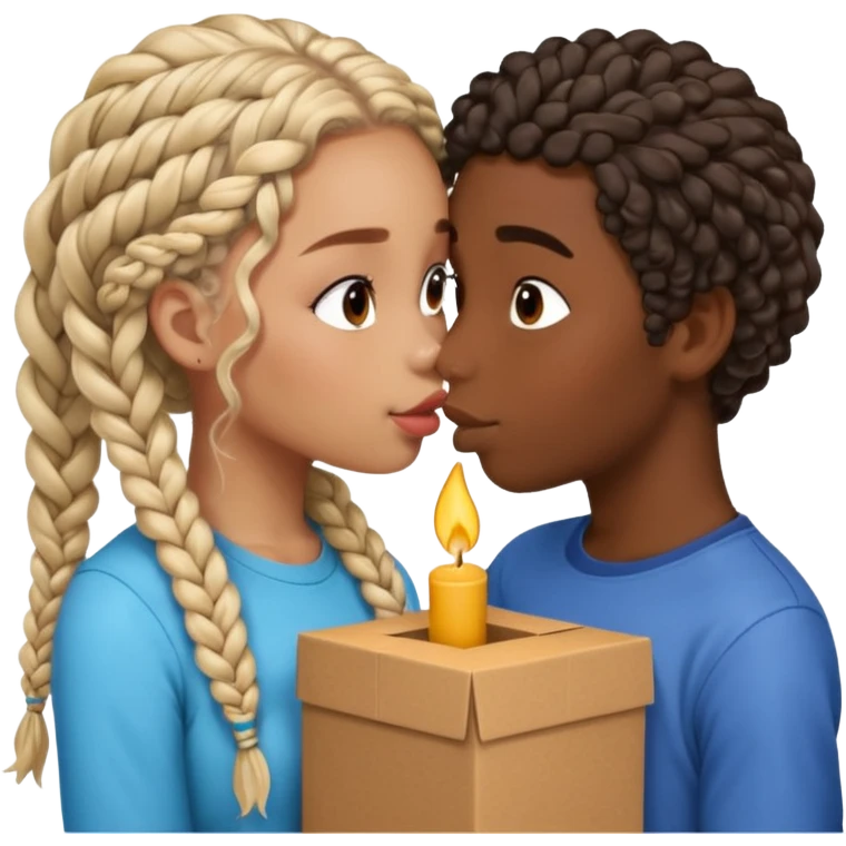 darkskin girl with box braids kissing light skin boy with curly hair emoji