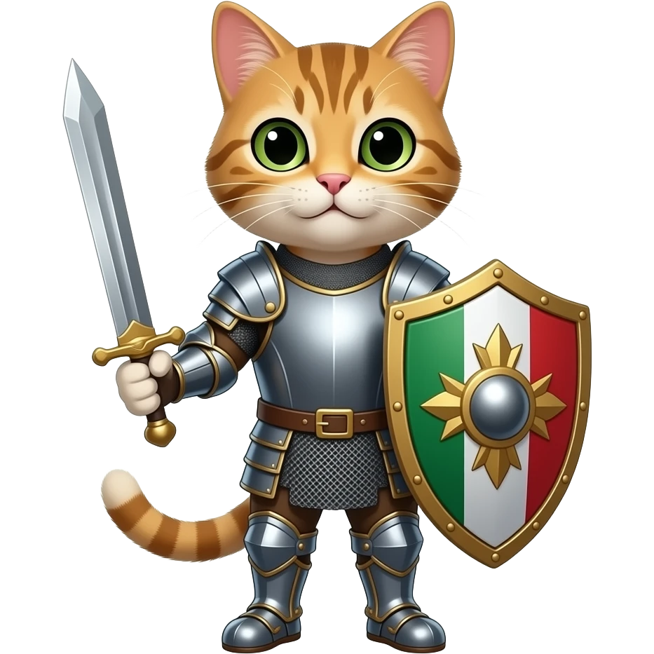кіт  в італьянських обладунках а з  мечем  та щитом в повний зріст emoji