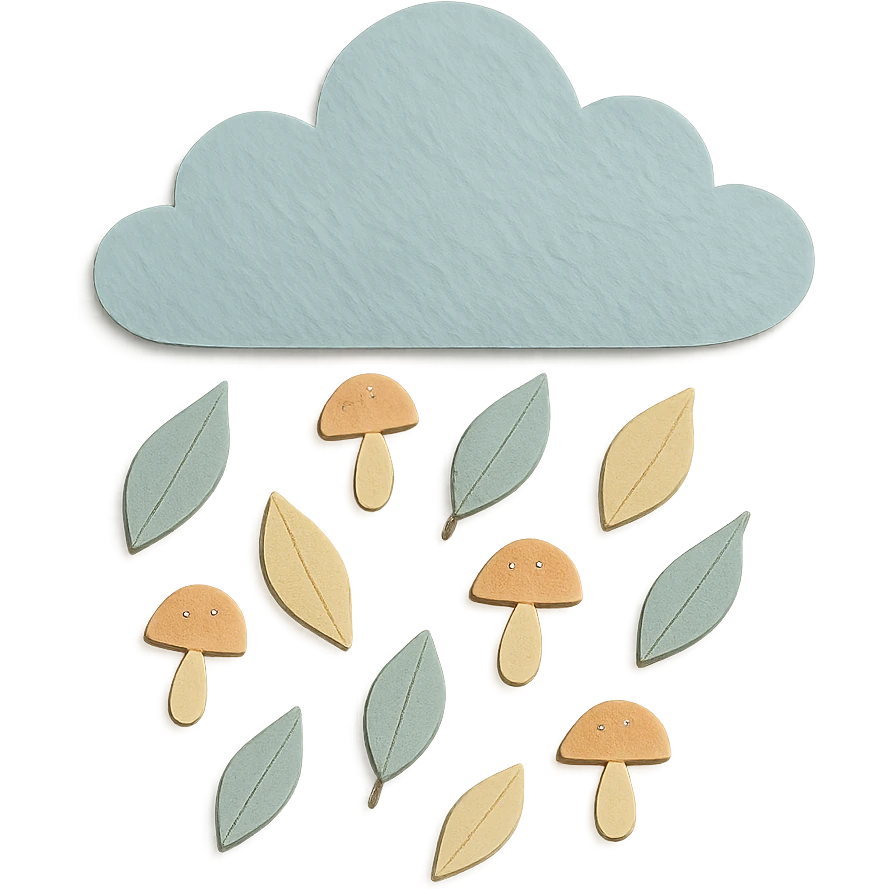 cloud raining tiny leaves and mushrooms, whimsical rain, pastel tones, paper-craft style emoji