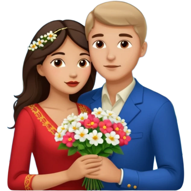 Kissing Couple traveling in Montenegro russian man and elegant  Latina girl delicate flowers and mountains in the background  emoji