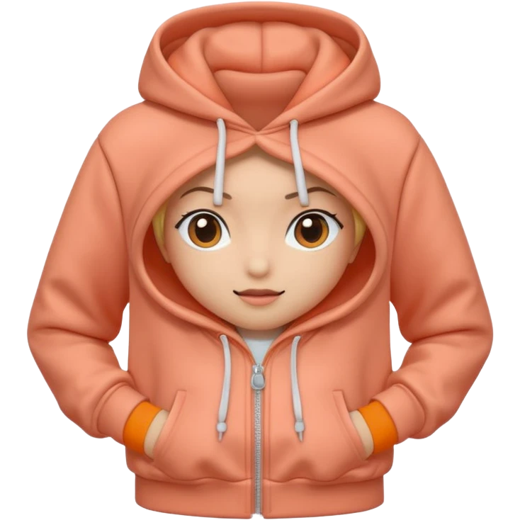 A 3D cartoon peach-coral hoodie with soft folds, drawstrings, and a casual fit, isolated plain background, Memoji-style. emoji