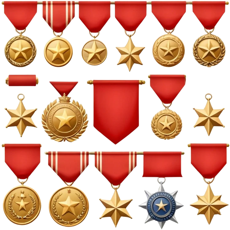 Icon for Collecting Orders, Medals & Badges: a variety of vintage orders, medals and badges, displayed neatly on a big red pennant or in a display case. The icon should reflect the honor and historical significance of these collectible items. Transparent background. emoji