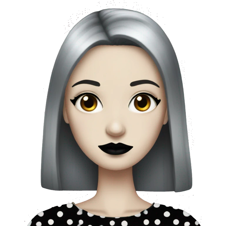 skinny pale goth woman with black straight hair black lips and black polka dot dress emoji