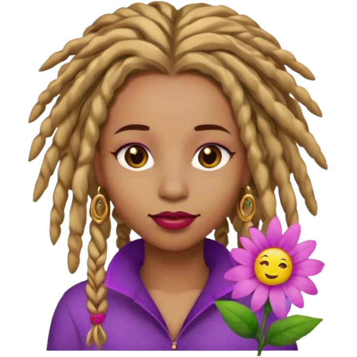 Gold dread locs pink emoji face purple flower in the hair red lipstick light brown face   emoji
