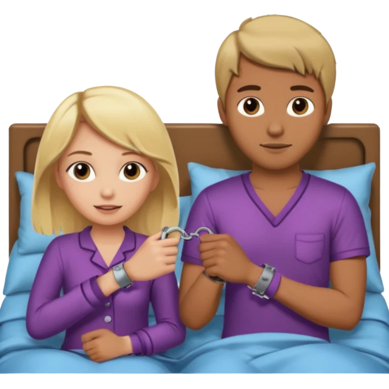 a blonde girl holding handcuffs with her brown haired boyfriend in bed  emoji