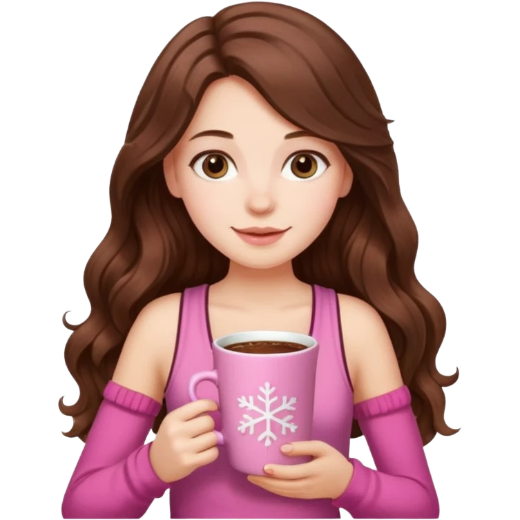 menina branca com cabelos castanhos longos ondulados com xícara rosa na frente com chocolate quente, ela usa blusa de alcinha com estampa de natal emoji