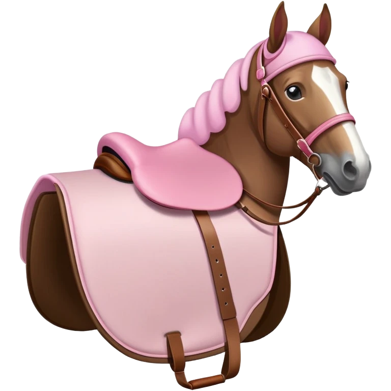 A horse wearing a pink ear bonnet and saddle with a pink saddle pad emoji