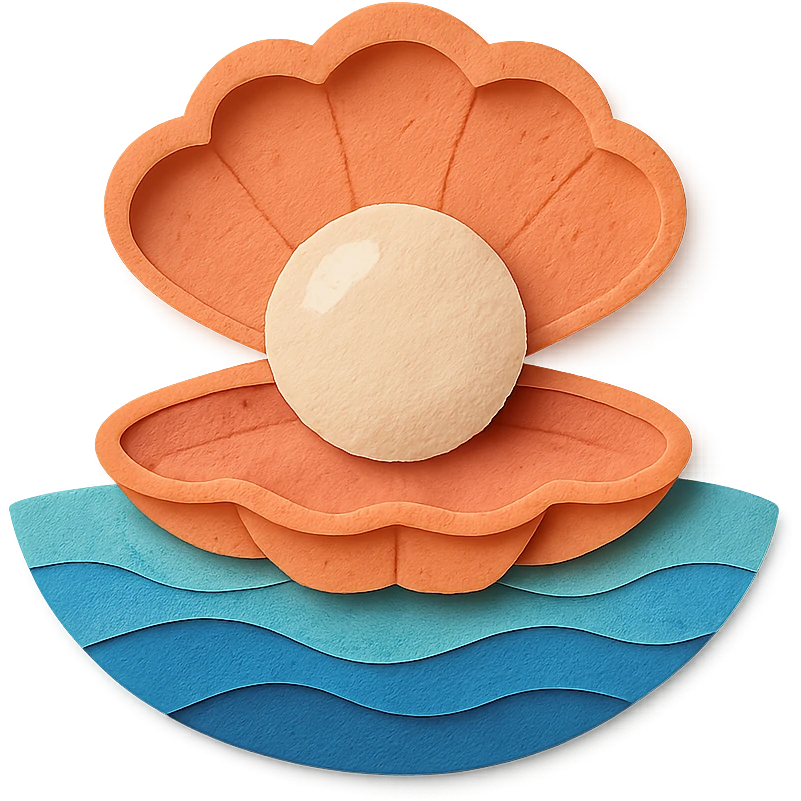 clam with a large pearl, ocean background, layered paper effect, paper-craft style emoji