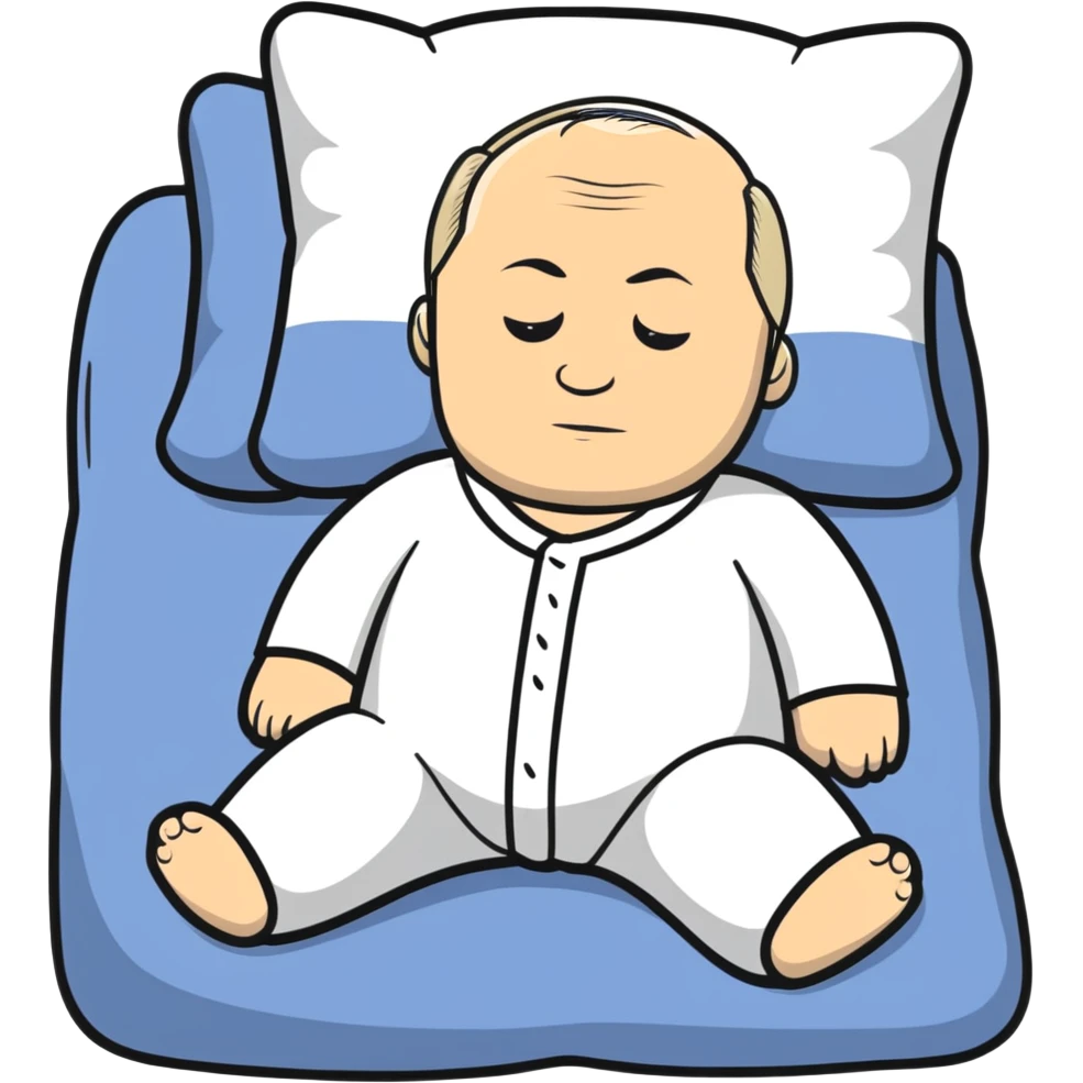 Vladimir Putin in pajamas lying on a memory foam pillow, testing it with a relaxed expression emoji