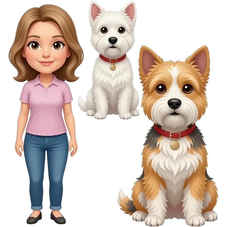 Middle age woman brown eyes , shoulder length light brown hair, with a female westie and a male westie emoji