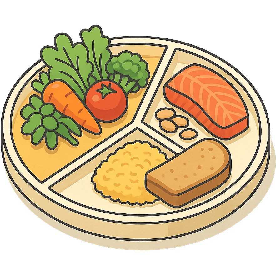 Harvard plate, isometric view, 50% vegetables, 25% proteins, 25% complex carbohydrates, sectors with corresponding foods, very detailed drawing, shadows and highlights, clean contours, soft lighting, transparent background emoji