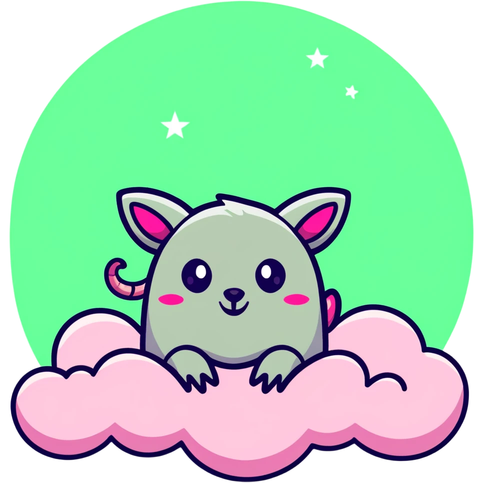 celestial pink possum on a cloud, glowing eyes, subtle devil horns, surrounded by pastel stars emoji