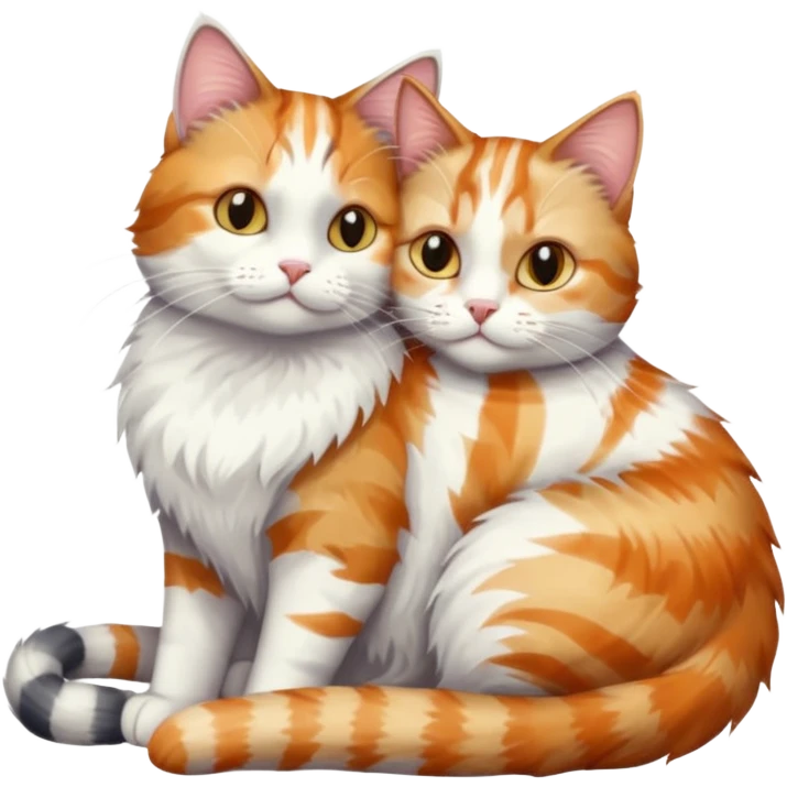full body colourful light patched calico + white tabby cat cuddling a grey and white cat  emoji