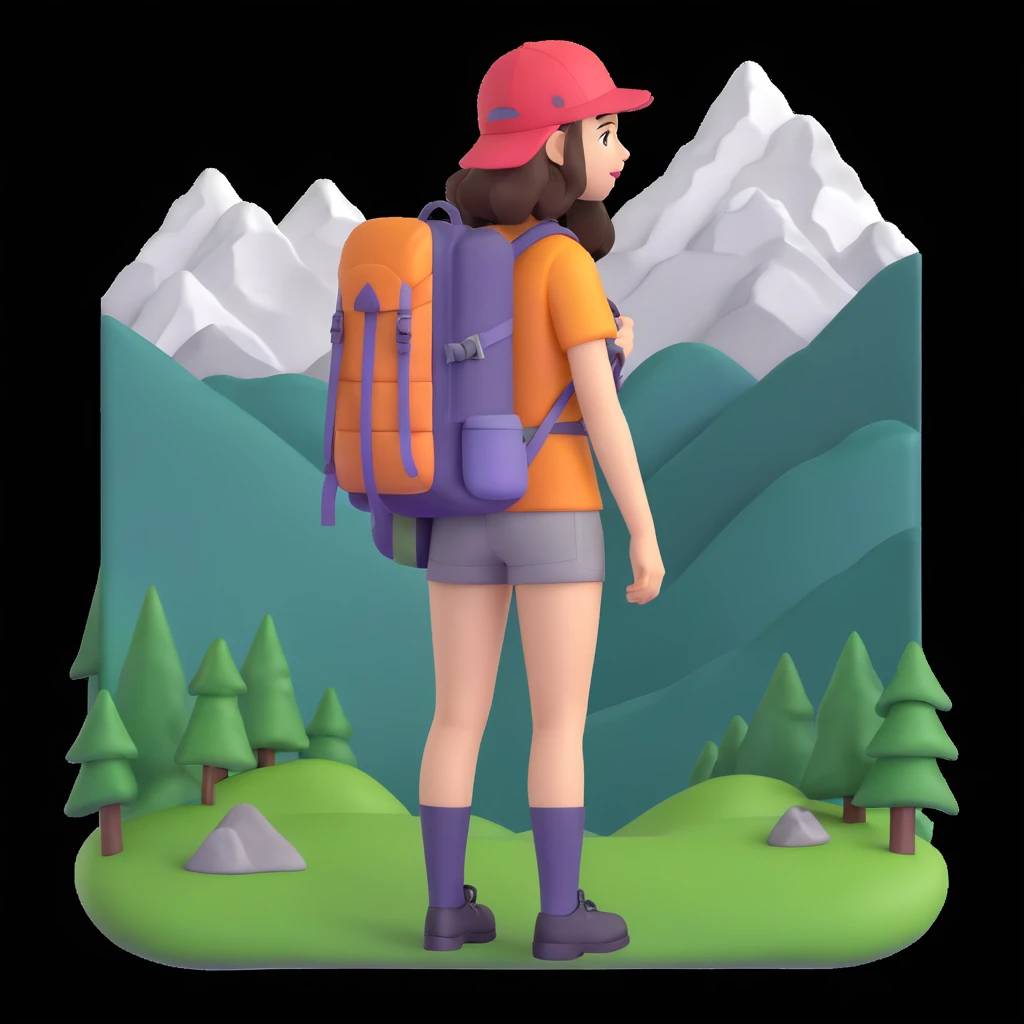 girl back packing mountains in background, close up pose emoji