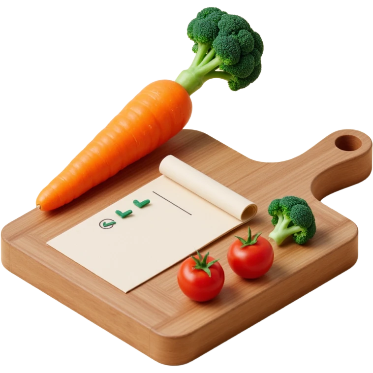 carrot tomato brocoli on the wooden cutting board with floating rolled paper list with checkbox emoji