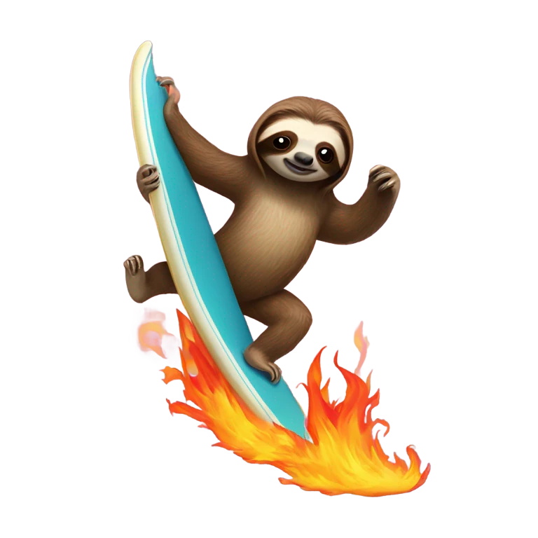 Sloth riding a surf board on fire emoji
