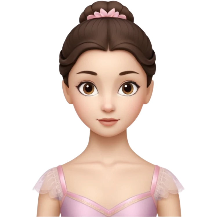 Cinematic Realistic ballerina Portrait, depicted with lifelike skin texture, subtle rosy undertones, and soft natural lighting that enhances the gentle contours of her face. Her intricately detailed sweet brunette hair is elegantly styled, emoji