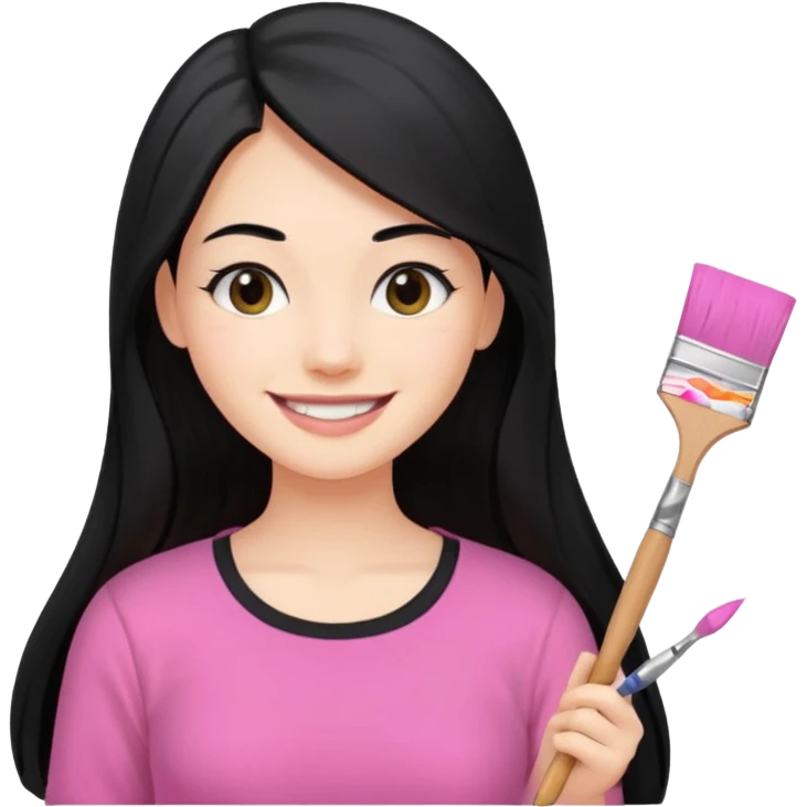 Painting women. smilling   Long black hair,  lunette peinture top pink, pinceau emoji