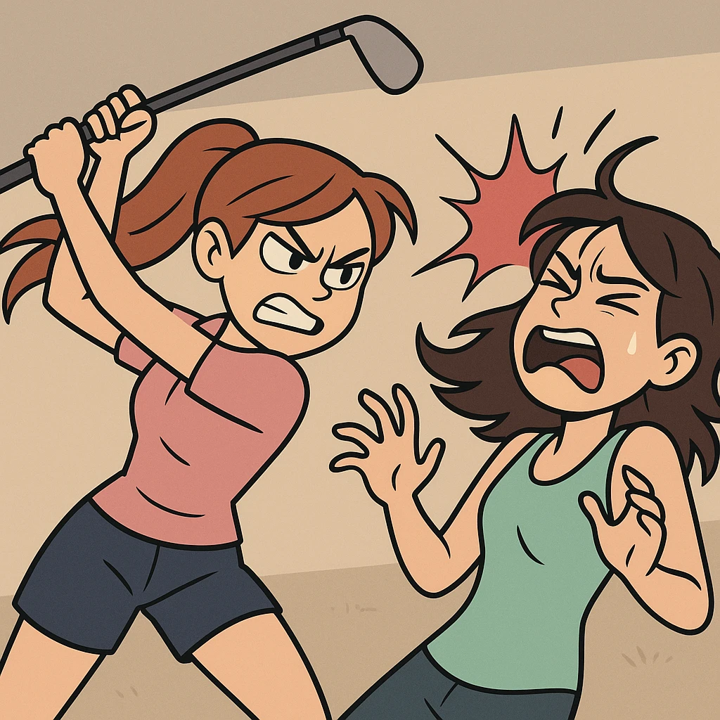 a girl hitting another girl with a golf club, dynamic action scene, expressive faces, cartoon style emoji